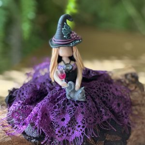 Handmade Wine Witch figurine with wine glass and black cat